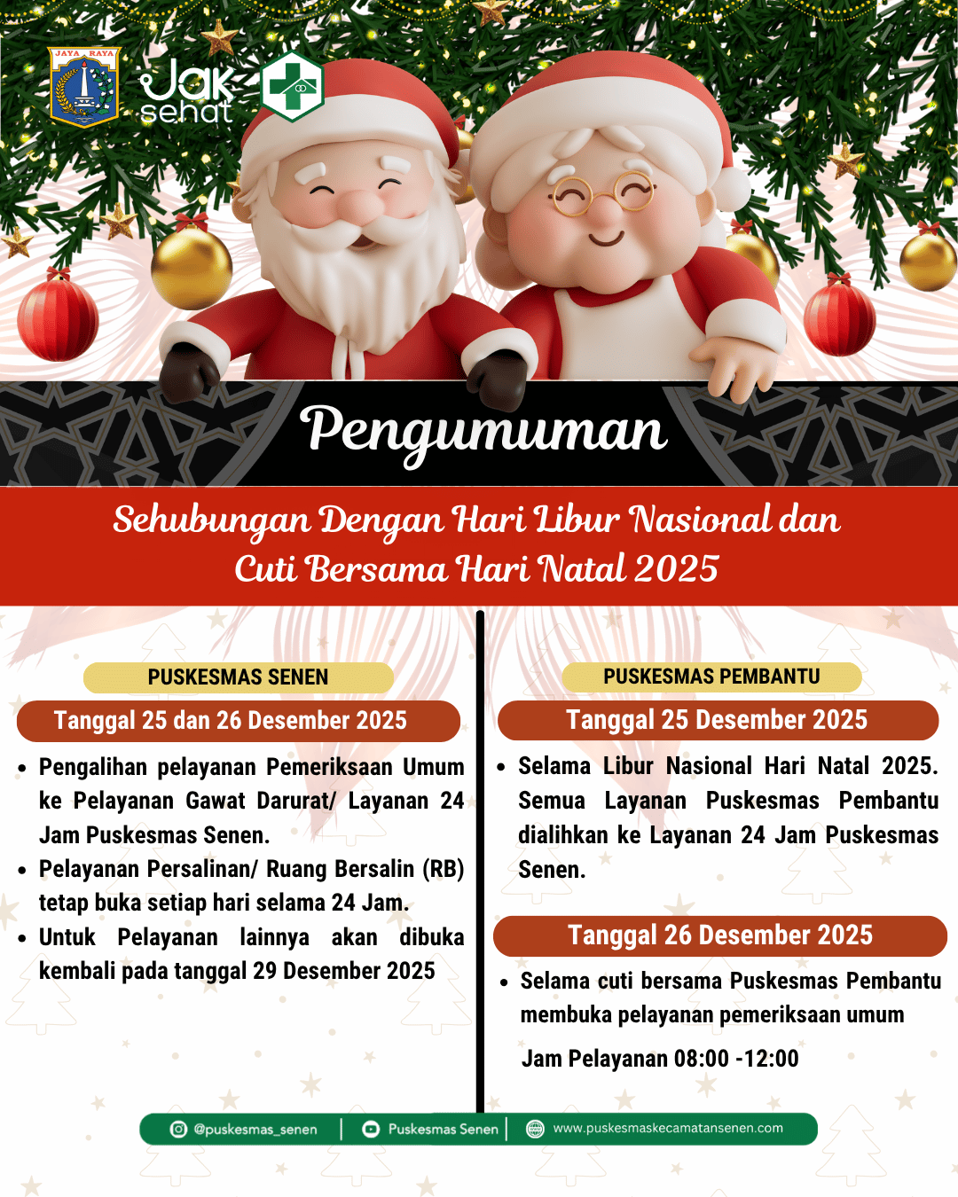 Pengumuman Layanan Puskesmas di Wilayah Senen saat Hari Natal 2025