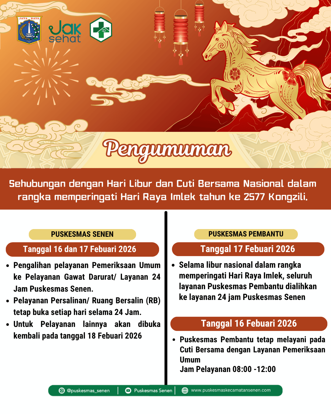 Pengumuman Layanan Puskesmas Saat Libur Imlek 2026 Masehi / 2577 Kongzili